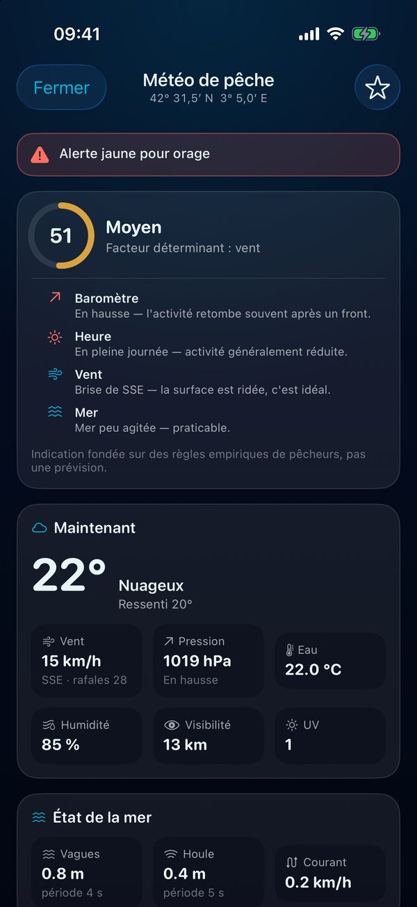 Capture d'écran BeFish : Météo de pêche